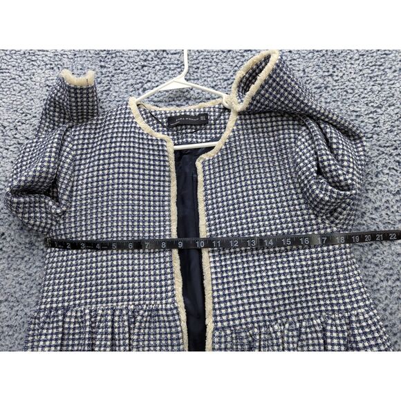 Zara Gingham Check Plaid Coat Size M Tweed Open Front Ruffle Boho Preppy Blue - Picture 8 of 12